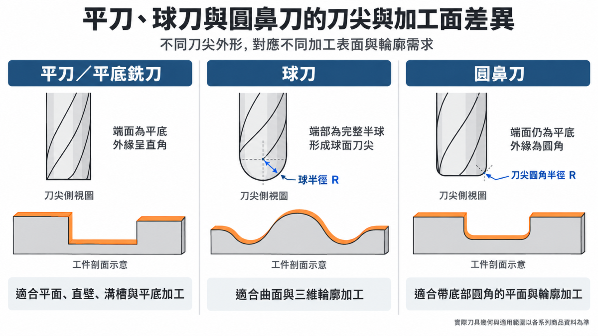 平刀、球刀與圓鼻刀比較圖，呈現平底、完整半球刀尖及保留平底的刀尖圓角，對照平面、直壁、溝槽與曲面加工